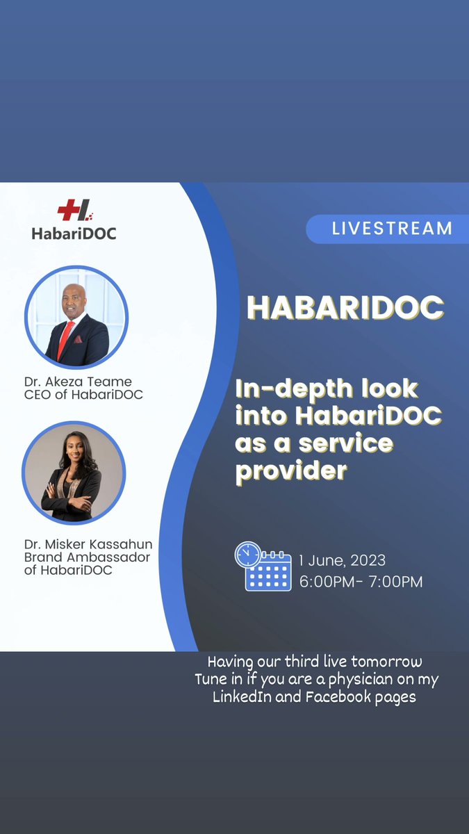 Are you a licensed physician? Then this session is for you. 

HabariDOC is providing an 
in-depth look into how physicians can register and provide their services on this week's live session. 

Join us on Thursday June 01 6 PM EAT!

<a href="/ateame/">Akeza Teame, MD</a> <a href="/HabariDoc/">Habari</a>