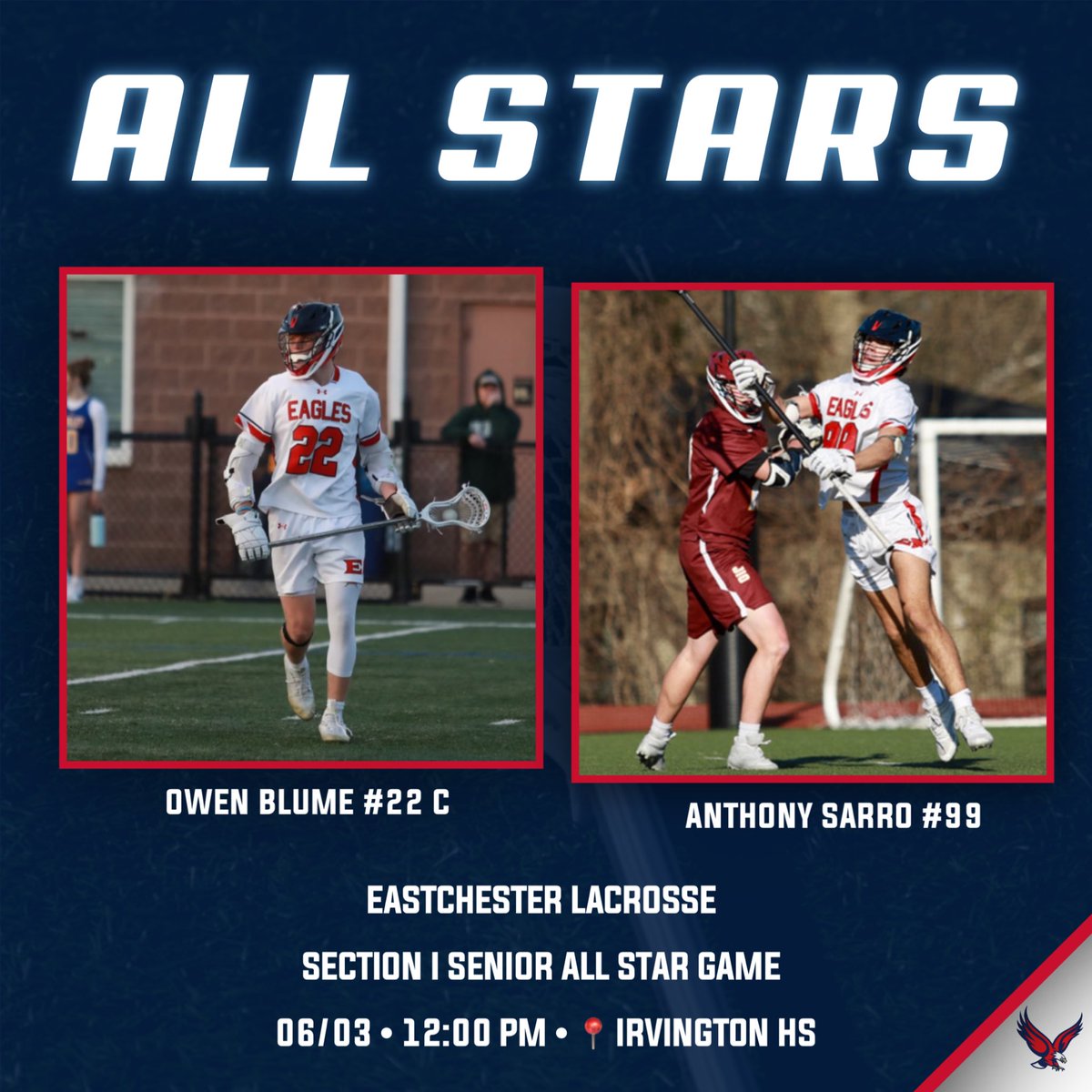 Congratulations to Owen Blume and Anthony Sarro on being selected to the Section 1 Senior All-Star Game ⭐️⭐️

Owen Blume 2️⃣2️⃣
LIU 🦈
60 goals, 31 assists, 91 points 
52% FO 
121 GB’s
21 CT

Anthony Sarro 9️⃣9️⃣
Brockport 🦅
42 GB’s
15 CT
35 FO Wins 

#CultureWins 
<a href="/Eagle___Nation/">EHS ATHLETICS</a>