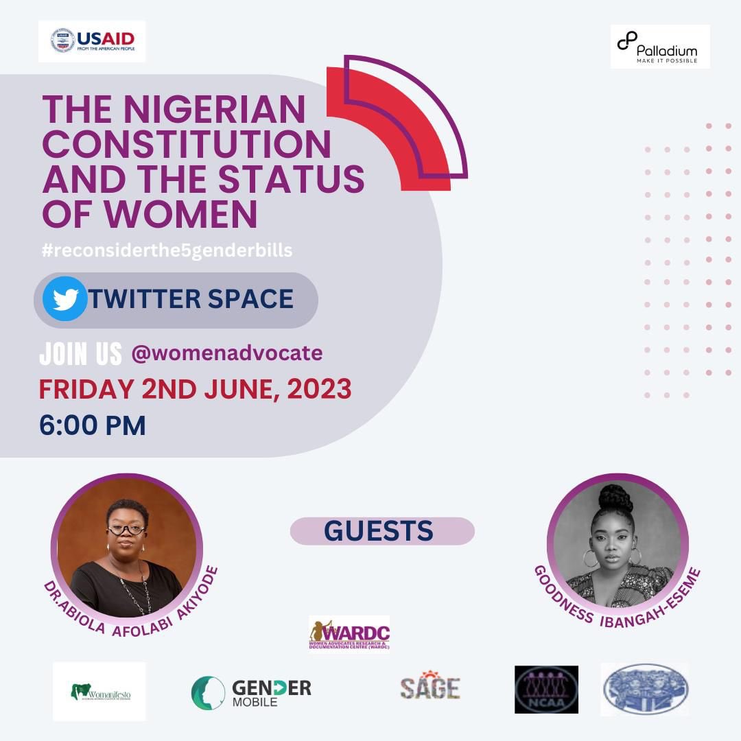 Join the Twitter space as we delve into the Nigerian Constitution and its impact on women's right.

The session will share insights on the progress made, challenges encountered, and the demand for a more inclusive future.

x.com/i/spaces/1mrxm…

#reconsiderthe5genderbills