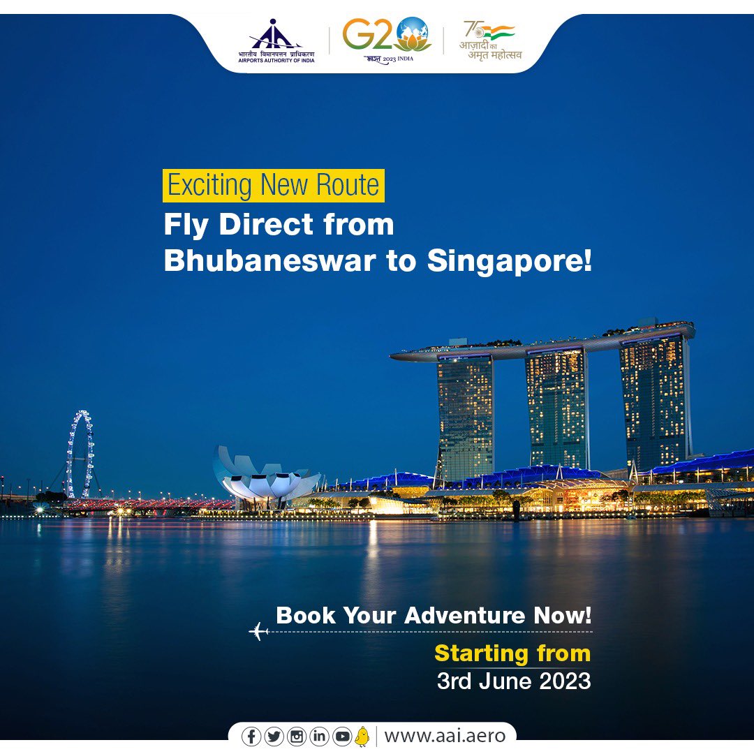 AAI_Official's tweet photo. Get ready to embark on an exciting journey connecting two vibrant cultures! The inaugural flight from #AAI's #Bhubaneswar @aaibpiairport to #Singapore is scheduled to take off on 3rd June 2023. https://t.co/H6jKmWCpw5