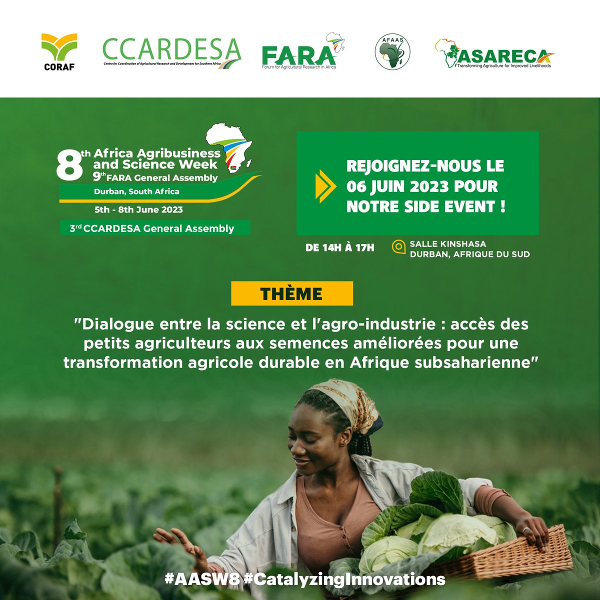 📌 Rejoignez-nous au #AASW8 pour le Side Event du <a href="/CORAFNews/">CORAF</a>, 📆 Mardi 0⃣6⃣ Juin 2023 !
🚩Dialogue entre science &amp; agro-industrie : accès des petits agriculteurs aux semences de variétés améliorées pour une transformation agricole durable en Afrique subsaharienne".

📍#Durban 🇿🇦