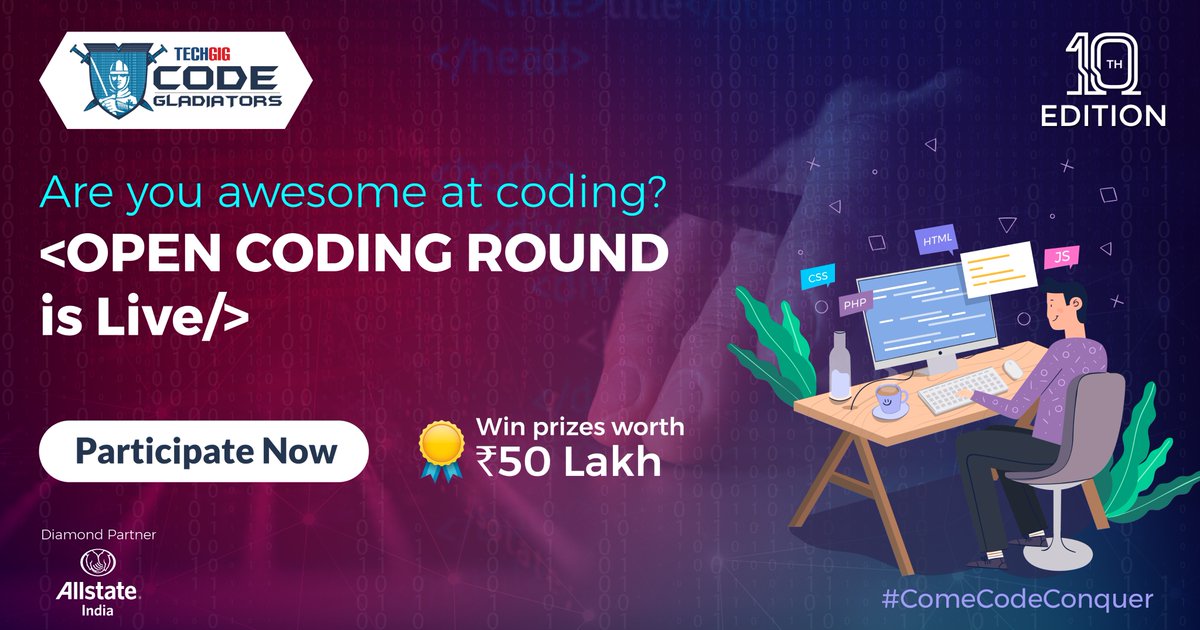 techgigdotcom's tweet photo. #TechGig #CodeGladiators invites participants 👩🏻💻👨🏻💻 around the world 🌏 to apply problem-solving and algorithmic #coding #skills to advance through multiple rounds, win prizes, & have a chance to make it to the global finals. 🔗https://t.co/RlhAoJZsJK
@Allstate_India https://t.co/YLLCLxmIzE