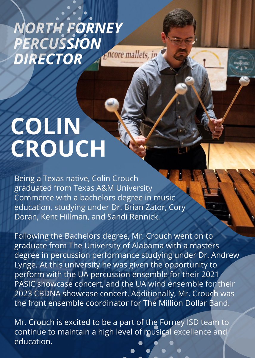 Today we are excited to announce that Mr. Colin Crouch is the percussion director at North Forney High School! 
Help me in welcoming home Mr. Crouch!

<a href="/NFHS_TrueNorth/">North Forney HS</a>