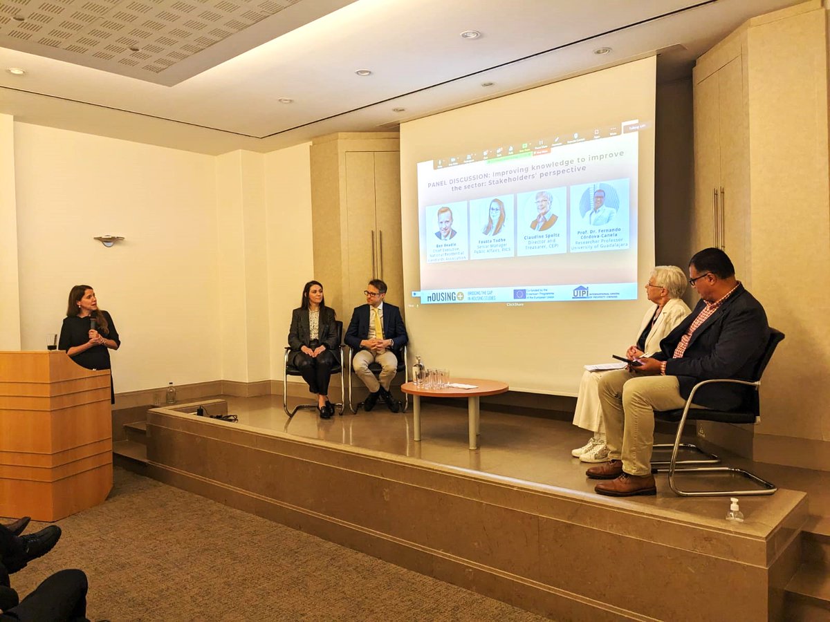 Panel discussion at the <a href="/plus_housing/">Housing plus</a> seminar. How can we improve knowledge to improve the #housingsector?  Interesting insights from <a href="/NRLAssociation/">NRLA - National Residential Landlords Association</a>,  Royal Institution of Chartered Surveyors, CEPI-European Association of Real Estate Professions and the University of Guadalajara