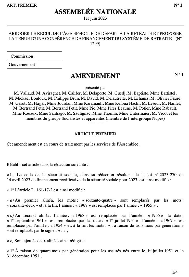 Le combat pour l'abrogation de la réforme des retraites continue : les <a href="/socialistesAN/">Députés Socialistes et apparentés</a> ont déposé le premier amendement de réécriture de l'article 1 supprimé hier.

Ils n'ont pas peur du vote ? Chiche.

Rendez-vous le 8 juin dans l'hémicycle. #LaissezVoterLeParlement