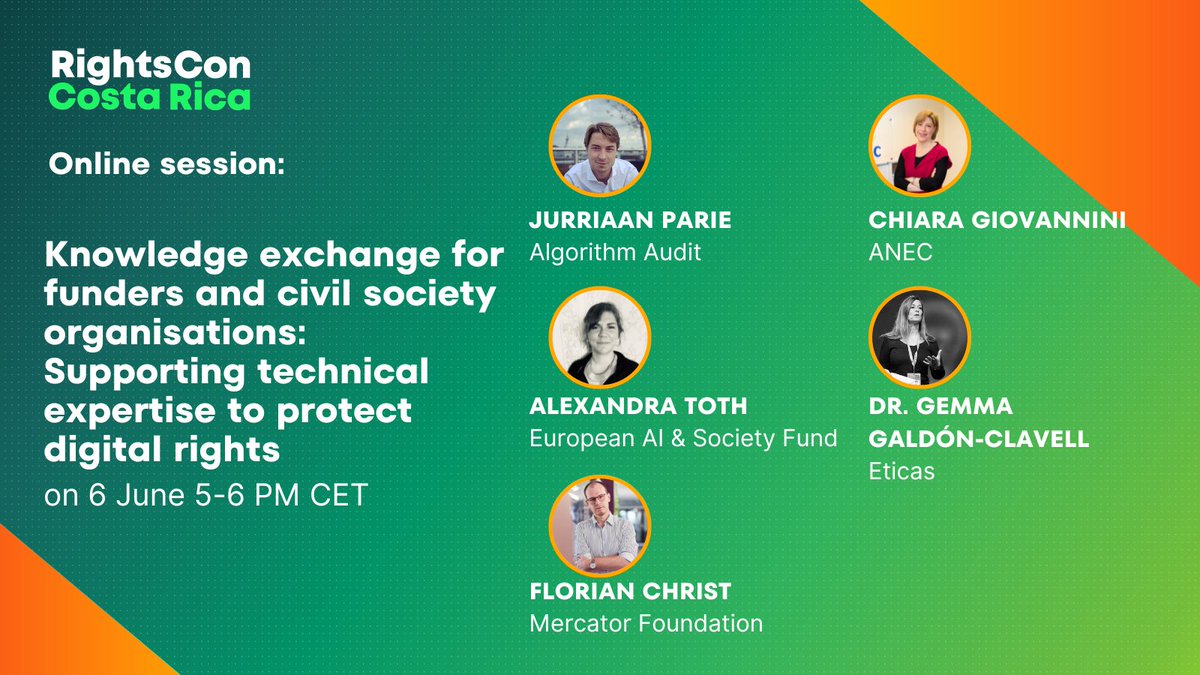 Let's exchange knowledge on how #algorithmic audits and #AI standards can help protecting digital rights! 

Join Chiara Giovannini, <a href="/gemmagaldon/">Gemma 🤖 ⚖️ ♀️</a>, Jurriaan Parie, <a href="/christ_florian/">Florian Christ</a> and <a href="/AlexandraTothBE/">Alexandra Toth</a> 

🗓️6 June, 5-6 pm CEST online
📍Register on <a href="/rightscon/">RightsCon</a> platform!