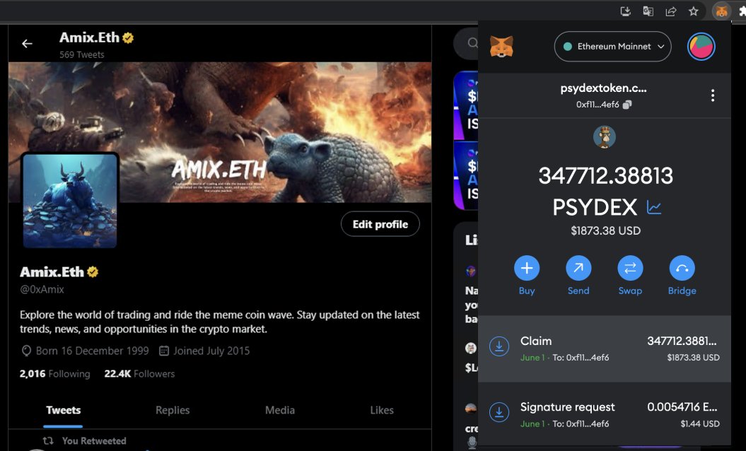 0xAmix's tweet photo. 📣 Exciting news! The $PSYDEX token #Airdrop is now live!

CLAIM YOUR #PSYDEX TOKENS NOW and join us in shaping the future of the #Metaverse!

🌐 Visit https://t.co/aECjA7hcvd to get your tokens today!

$LOYAL #LOYAL #PSYOP $PSYOP PSYDEX $RFD #REFUND #bnb $ETH $ARB $USDT NFT https://t.co/R67qMdusrt