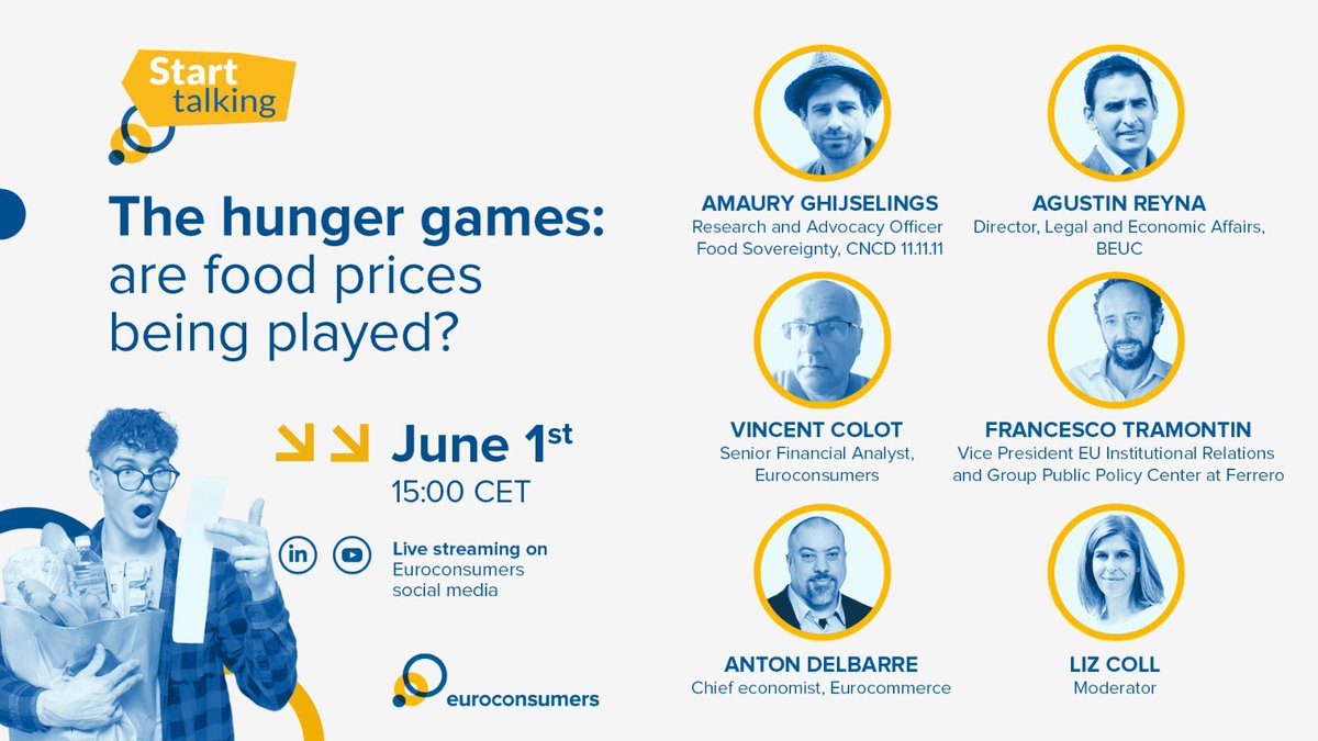 🥁Aaaand we are live and ready to delve into the intricate web of factors impacting #foodprices. Join us now at rb.gy/71rd5 and follow the discussion below🧵👇 #StartTalking #euroconsumers #foodinflation #inflation