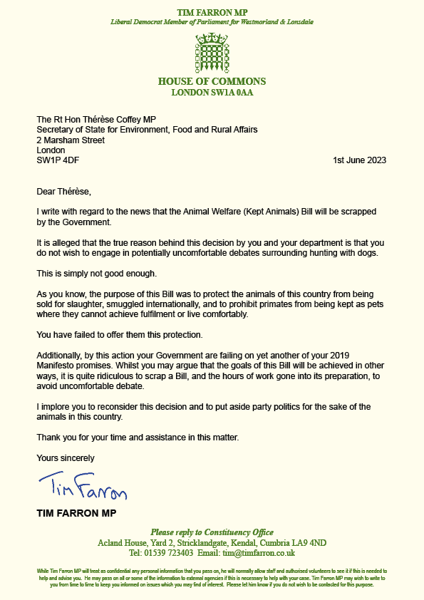 The Conservatives have scrapped their promised Kept Animals Bill which would have:  

🐶Cracked down on puppy smuggling 
✋Banned live exports 
🐑 Protected sheep from dangerous dogs
🐒 Banned primates as pets

I've written to Thérèse Coffey asking her to urgently rethink this.