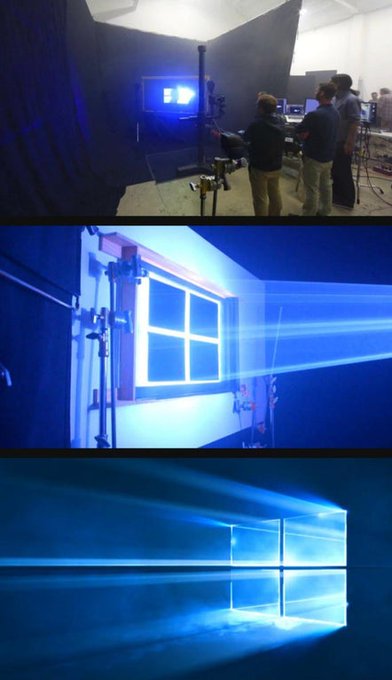 Rainmaker1973's tweet photo. Windows 10 wallpaper wasn't CGI. This is how they physically built and photographed the logos

[full story: https://t.co/dbMkSfxiPL] https://t.co/XO5YrYWI8i