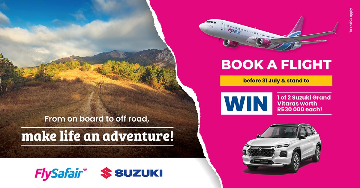 Yo #SuzukiSA fam! Want to win our all-new legendary Grand Vitara ? 😎 Join us & @FlySafair as we make life an adventure from #Skyways2Highways 🙌

All you have to do is book a flight via the @FlySafair  website & you’re in! Enter now: fal.cn/3yEa9 *Ts&Cs apply.
