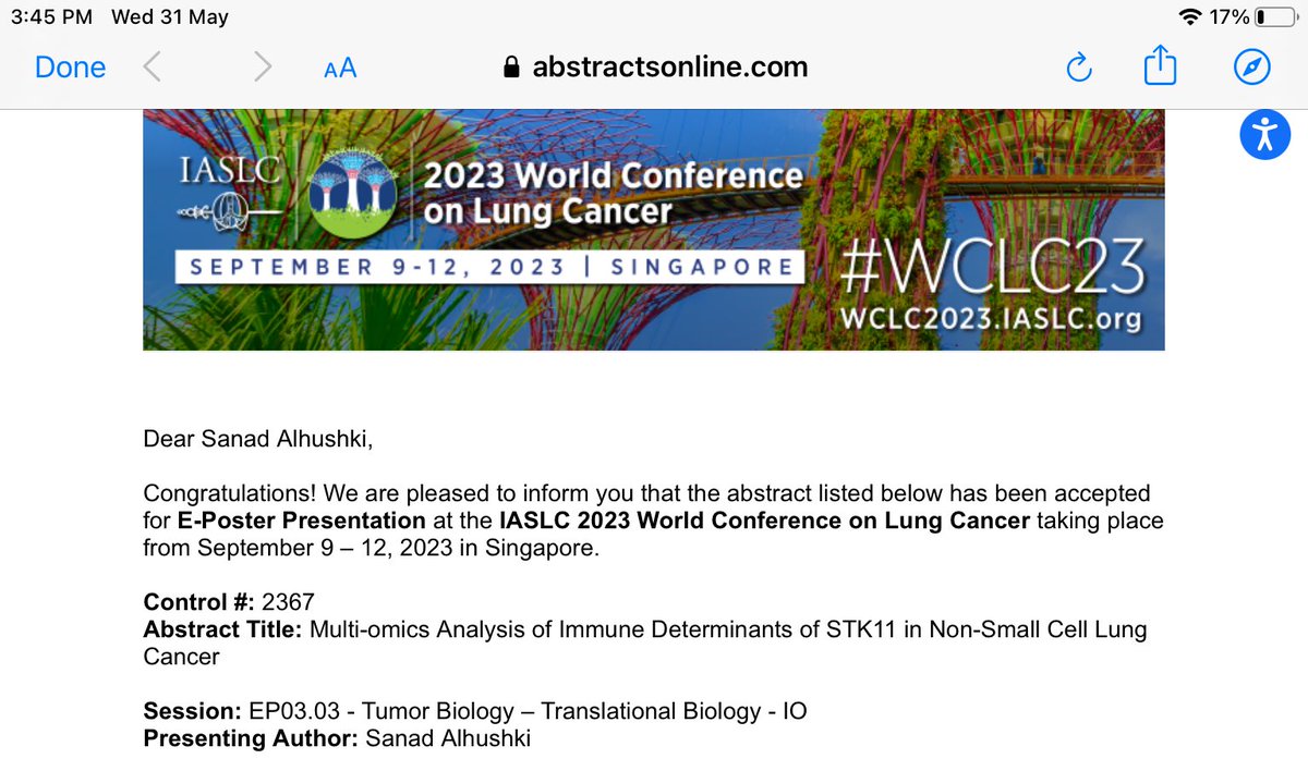 الحمدلله 
I’m excited to announce that our abstract got accepted for the #WCLC23 . I would love to thank Dr @FawziAbuRous and the GOAT @HMAbushukair for all their help and guidance hoping to work on some bigger and brighter projects in the future .