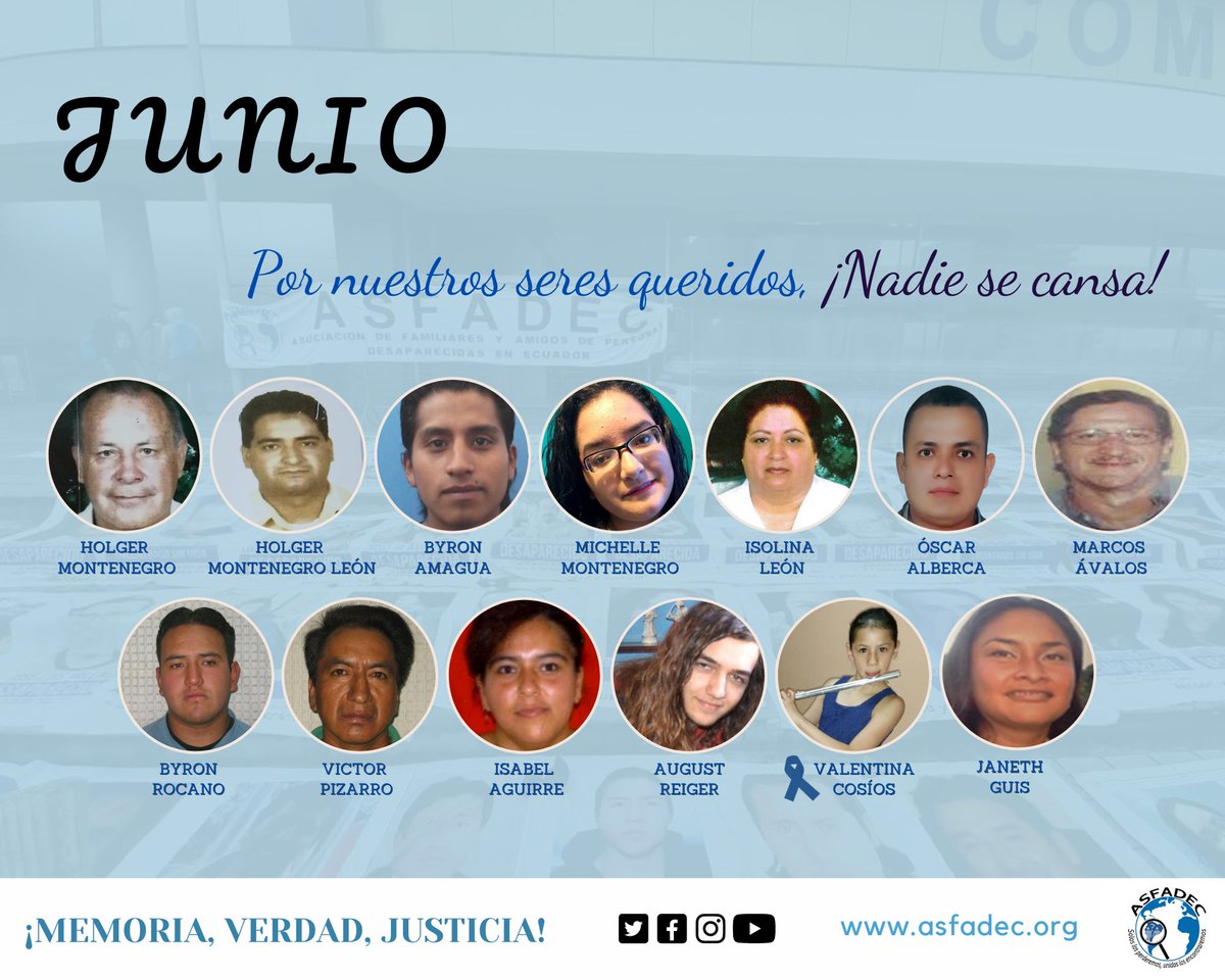 #DesaparecidosEcuador | #NosFaltanTodasYTodos
🫂Seguimos recordando a nuestros seres queridos que fueron desaparecidos y localizados sin vida en el mes de Junio.

📣#NoMasImpunidad |
#MemoriaVerdadyJusticia 🪧