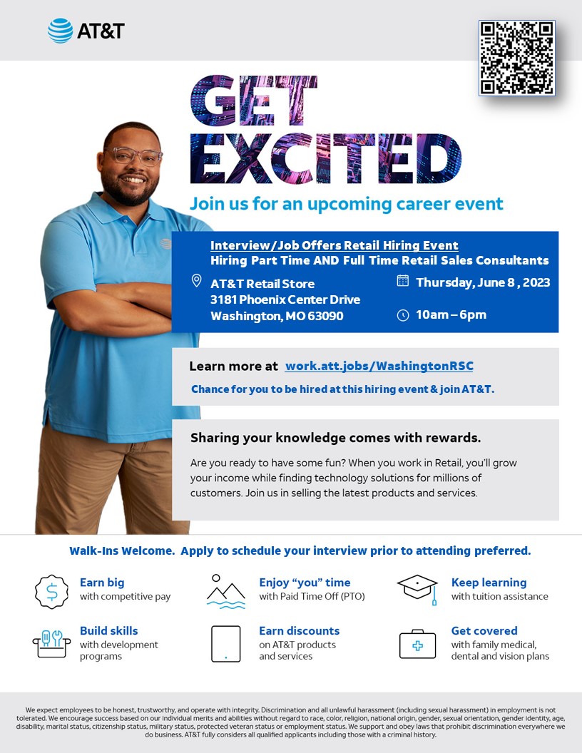 Chances to join our great #LifeAtATT
Multiple career advancement options/benefits+

Thursday, June 8 (10am-6pm)
AT&T Interview/Job Offers #HiringEvent

AT&T Retail Store #Hiring
3181 Phoenix Center Drive
Washington, MO

Details/Apply: work.att.jobs/WashingtonHE68…

Walk-ins Welcome