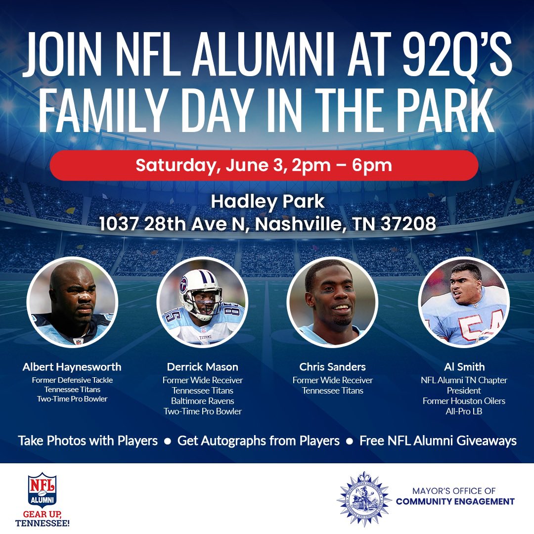 Join me @deemason85 Chris Sanders & @AlbertHayneswo2 Saturday for Family Day in the park with 92Q! Snap selfies, get your footballs & jerseys ready for autographs & create memories that’ll last a lifetime! See you there!  @NFLAlumni
#GearUpTN @brendahhaywood @kennysmoov