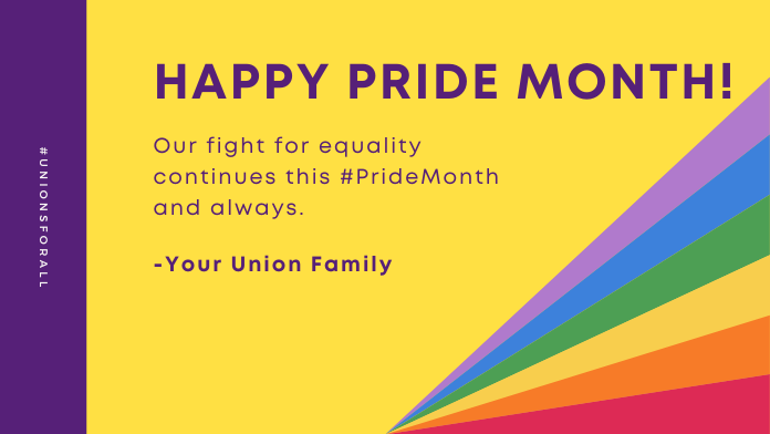 SEIU's tweet photo. Happy #Pride! We support the LGBTQIA+ community in our continued fight to ensure we’re respected, protected, and paid on the job and in our communities #PrideMonth 🏳️‍🌈 https://t.co/bKrzBkq0X9