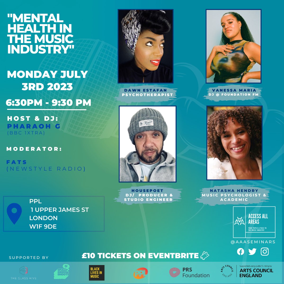 AAAseminars's tweet photo. 🚨LINE UP ALERT! #AccessAllAreas X @BLKLivesinMusic @PPLUK Mon July 3rd 630-930p with #MentalHealth special
We have 4 panelists hosted by @DJPharaohG & new moderator #FatsMoeva
Early Bird Tix £5 @EventbriteUK via: https://t.co/87l4TV9lEq
Artist line up drops 2moro! #MusicBiz https://t.co/GEfuYMHolR