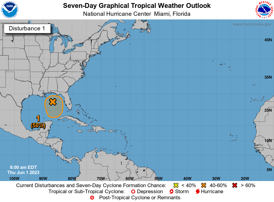 Thu 8am 6/1 Update: Showers &amp; thunderstorms have increased and become better organized with an area of low pressure located over the NE Gulf of Mexico. This system now has a medium chance of formation (🟠50%) over the next day or so. However, by this weekend environmental