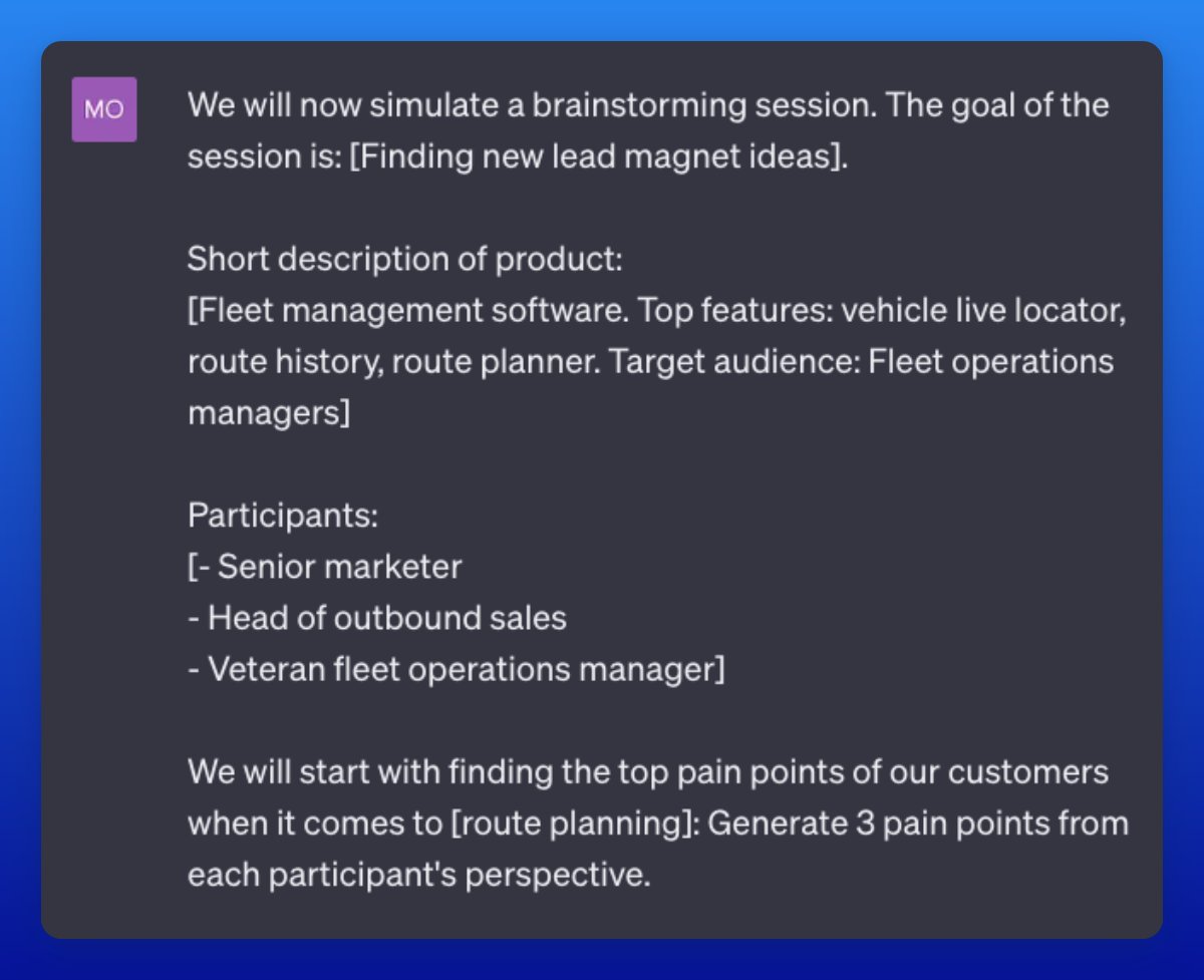 Step 1: Enter initial prompt

Before you begin, think about the following questions:

- What's the goal of the brainstorming session?
- How would I describe my product/service in 1-2 sentences?
- Who should participate in the session and why?

Now enter your initial prompt: