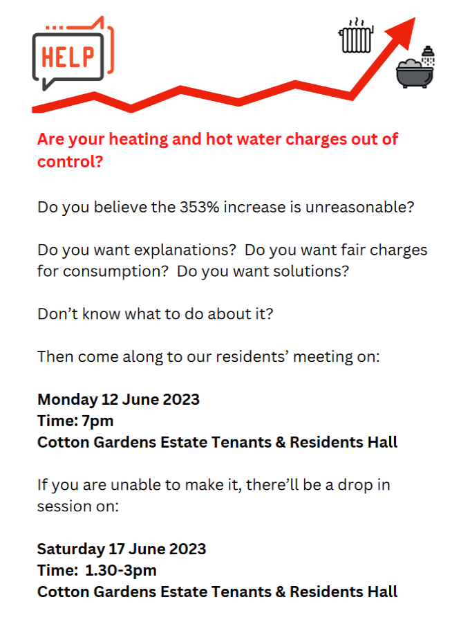 👥Attention #CottonGardensEstate residents! We cordially invite you to join us for a discussion on the staggering surge of 353% in heating and hot water service charges. Let's come together and address this issue that concerns us all. #CommunityMeeting #RisingCharges