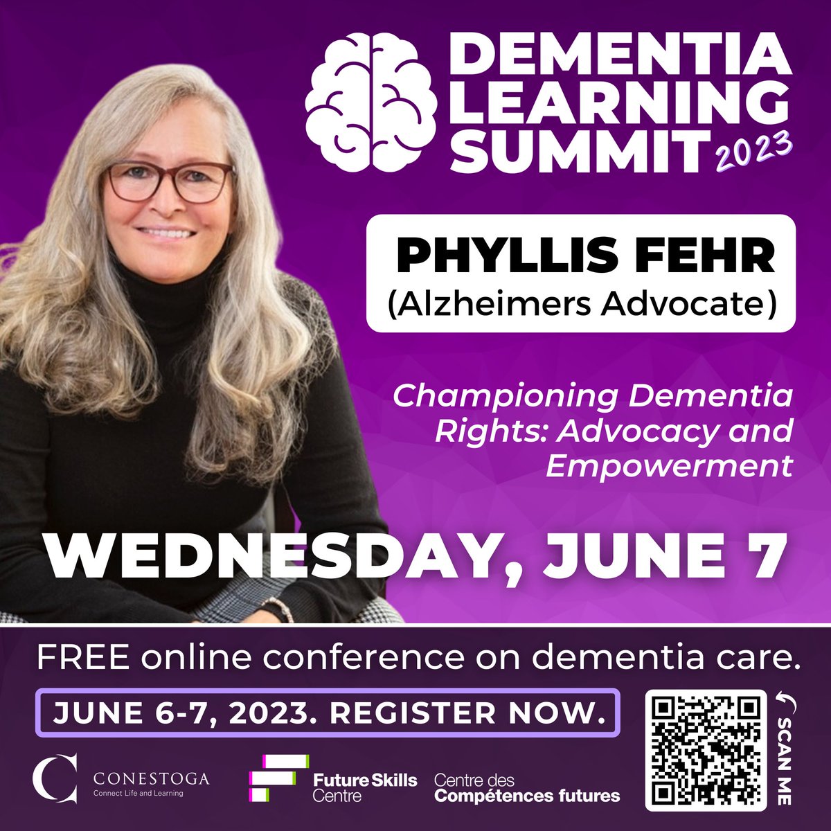 Join #dementia advocate <a href="/fehr_phyllis/">Phyllis Fehr</a> at the #DementiaLS23 next week (June 6/7) as she discusses advocacy and empowerment.

Don't miss this opportunity to learn from experts and connect with fellow advocates. tinyurl.com/mrcrmk6y #ConestogaCRADLE <a href="/fsc_ccf_en/">Future Skills Centre</a> #DementiaAwareness