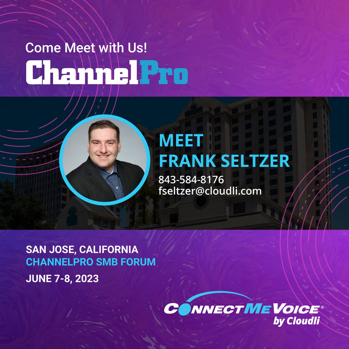 ConnectMeVoice's tweet image. Want to see what selling UCaaS can do for your business and customers? Our Channel Chief Frank Seltzer will be at #ChannelProSMBForum from June 7-8th to discuss our comprehensive UCaaS solution for agents, resellers, and white-label partners.