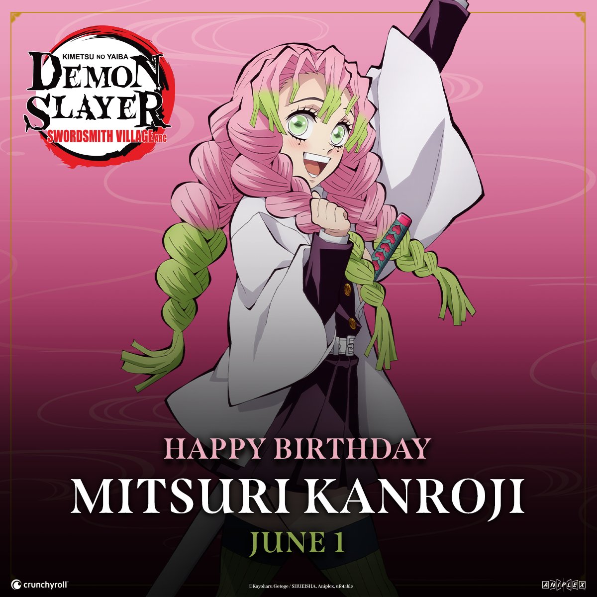 Crunchyroll's tweet photo. Happy birthday to the Love Hashira, Mitsuri Kanroji! 🎂 💕 @DemonSlayerUSA https://t.co/SDGa4LGxSm
