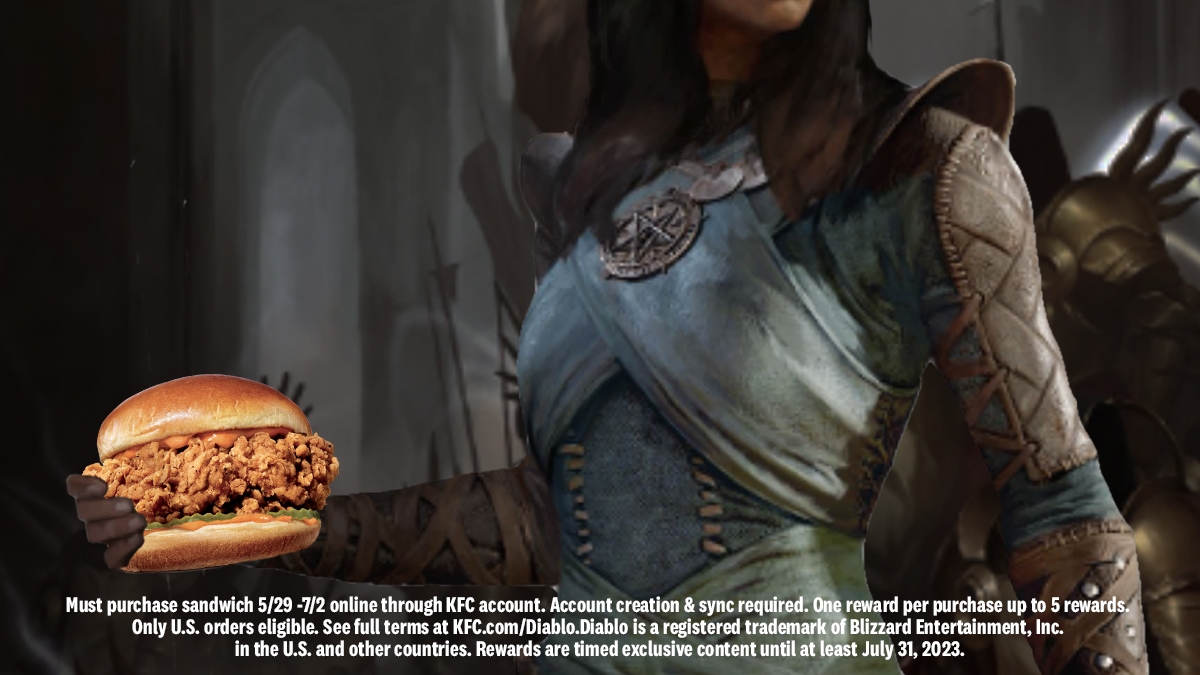 kfc's tweet photo. DLC is dropping.​
And by DLC, we mean “Delicious Looking Chicken”​
​
Order any KFC Chicken Sandwich online until July 2nd for exclusive Diablo IV in-game rewards. https://t.co/4vyE5fUva1