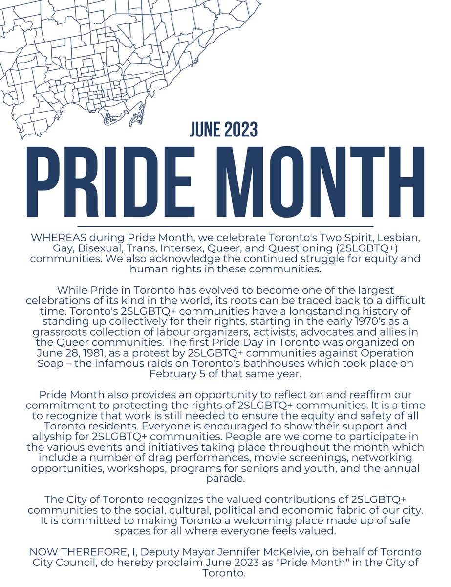 I'm proud to proclaim June as Pride Month in Toronto!

During this month, we celebrate Toronto’s 2SLGBTQ+ community and reaffirm our commitment to creating a city where everyone feels respected, embraced and celebrated.

#PrideMonth