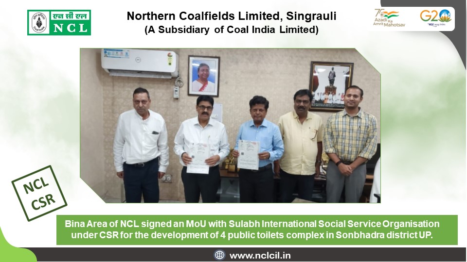 NCL_SINGRAULI's tweet photo. Bina Area of NCL signed an MoU with @SulabhIntl in a CSR initiative for the development of 4 public toilets complex. The MoU involves constructing and maintaining toilets for 3 years in Sonbhadra district, Uttar Pradesh.
#MyNCL #NCLCSR https://t.co/vIrsIqMGZy