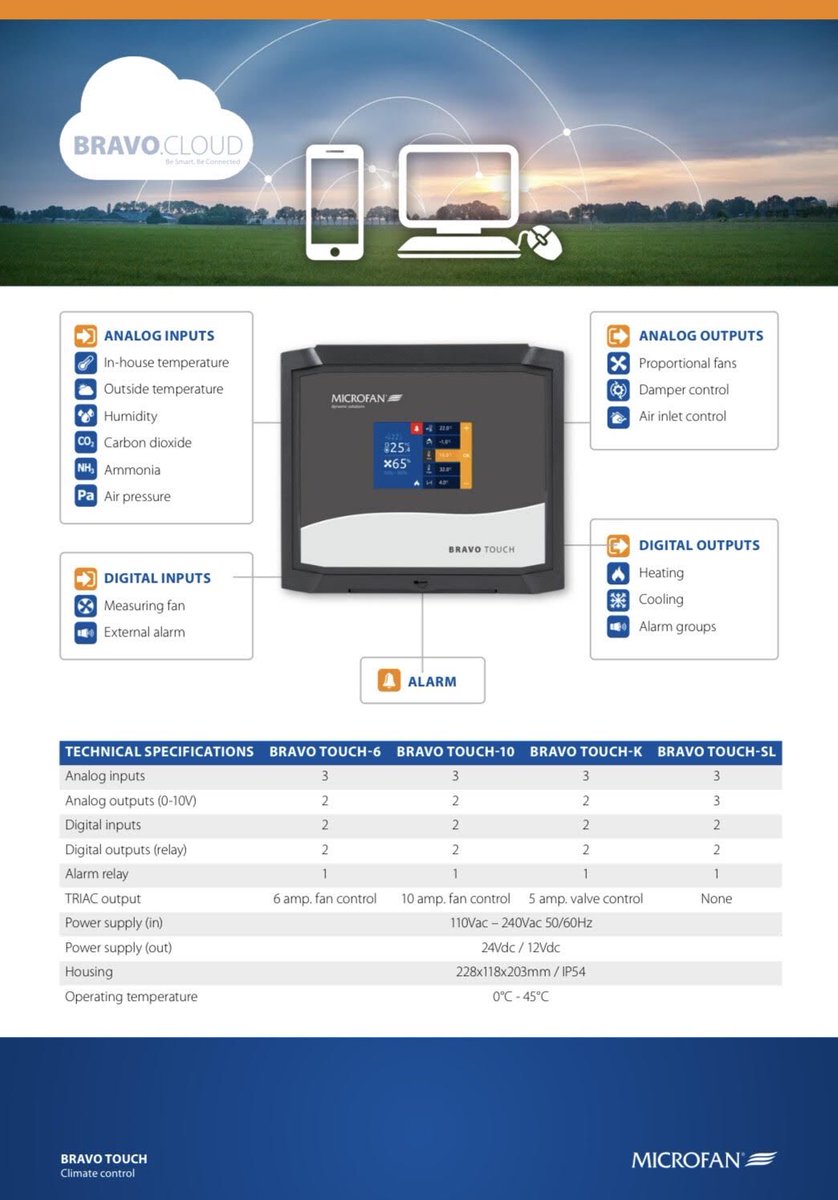 PE Services are agents for the supply and installation of  BRAVO TOUCH 
The new generation BRAVO TOUCH, equipped with a touch screen &amp;  remote connectivity (optional), can be perfectly applied to all types of ventilation &amp; heating or cooling purposes in today’s livestock industry