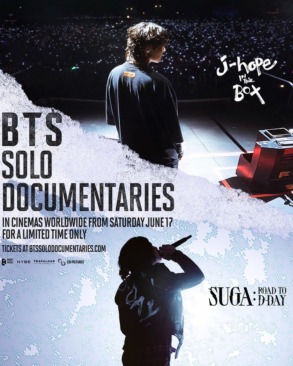 In celebration of BTS’ 10th anniversary

🎉BTS Solo Documentaries🎉
<j-hope IN THE BOX> & <SUGA: Road to D-DAY>
In cinemas worldwide from Sat, June 17 - limited time only

🔗 Tickets on sale JUNE 3rd 2023

#BTSsolodocumentaries
#jhopeINTHEBOX #RoadToDDAY