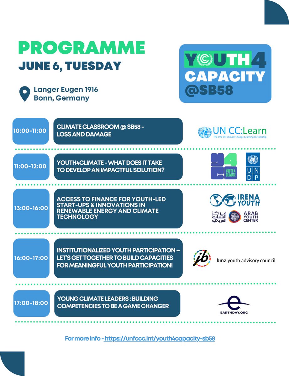 ⚠️If you're attending the @UNFCCC #SB58 Sessions in Bonn, save the date on June 6 and join #Youth4Climate & excellent partners for an incredible lineup of events. 🌍Don't miss out on this exciting opportunity! 🙌Find more: unfccc.int/youth4capacity…