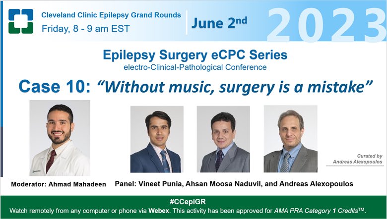 Our popular eCPC series returns with Case 10!  Join our esteemed panel with live QA:
￼
cmrccf.webex.com/cmrccf/j.php?M… #CCepiGR #CleClinicNeuro #epilepsysurgery @AMoosaMD @VineetPuniaMD @imadmnajm @balukrishnan @DileepNairMD @Hantus @epilepsydoc @irenezhongwang @AKunchok