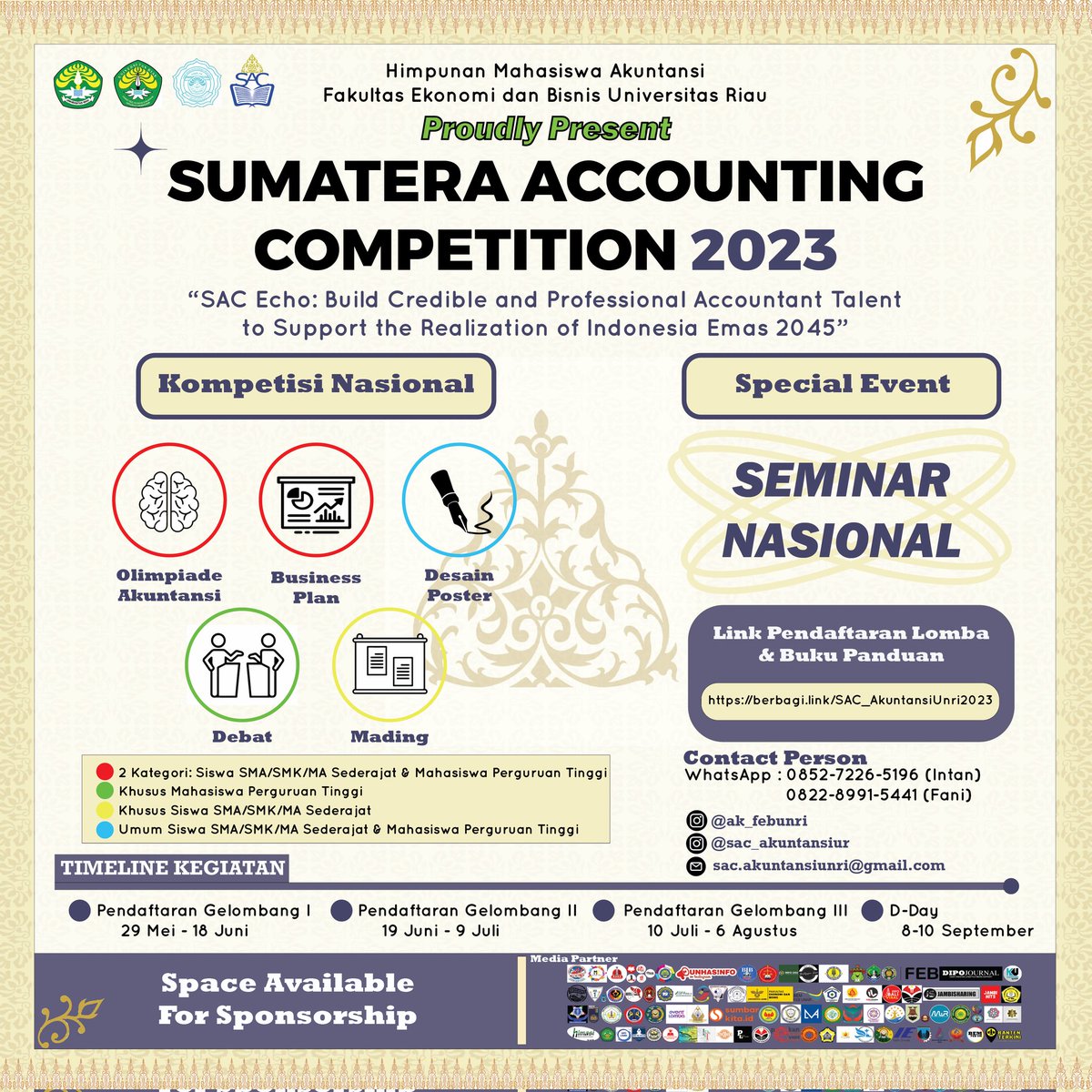 yunifeur's tweet photo. Halo, teman-teman! 🙋♀️
SAC 2023 resmi buka gelombang 1 nih! Teman-teman bisa mendaftarkan tim kebanggaannya hingga tanggal 18 Juni dengan htm yang lebih murce ✨ Jadi jangan sampai ketinggalan yaaa! Save the date~ 💛🖐️
#sac2023 #lomba #eventkampus #lombaakuntansi #akuntansi https://t.co/Hwhgtmxtrj