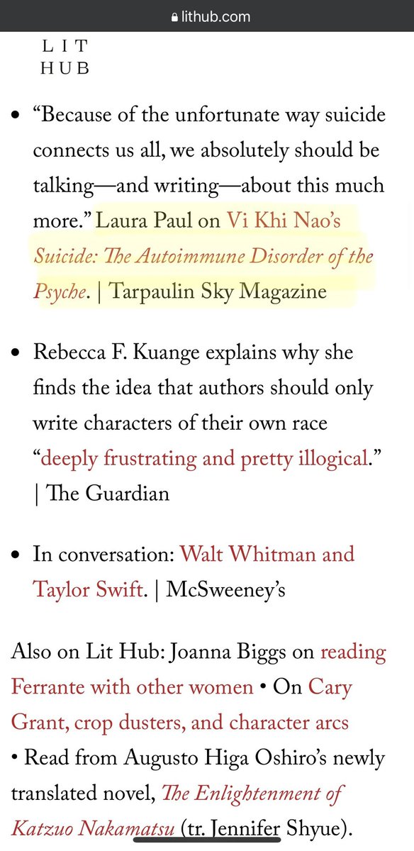 Thank you to <a href="/lithub/">Literary Hub</a> Daily for featuring my review of <a href="/vikhinao/">VI KHI NAO</a> ’s Suicide: The Autoimmune Disorder of the Psyche as part of the best of the literary internet 🙏