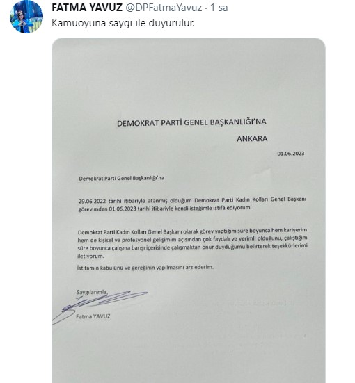 Muharrem İnce hakkında yalan haber yayma ve iftira suçundan tutuklanan 'Ankara Kuşu' adlı Twitter hesabının sahibi Oktay Yaşar'ın eşi Fatma Yavuz Demokrat Parti Kadın Kolları Başkanlığından istifa etiğini duyurdu.
#sondakika