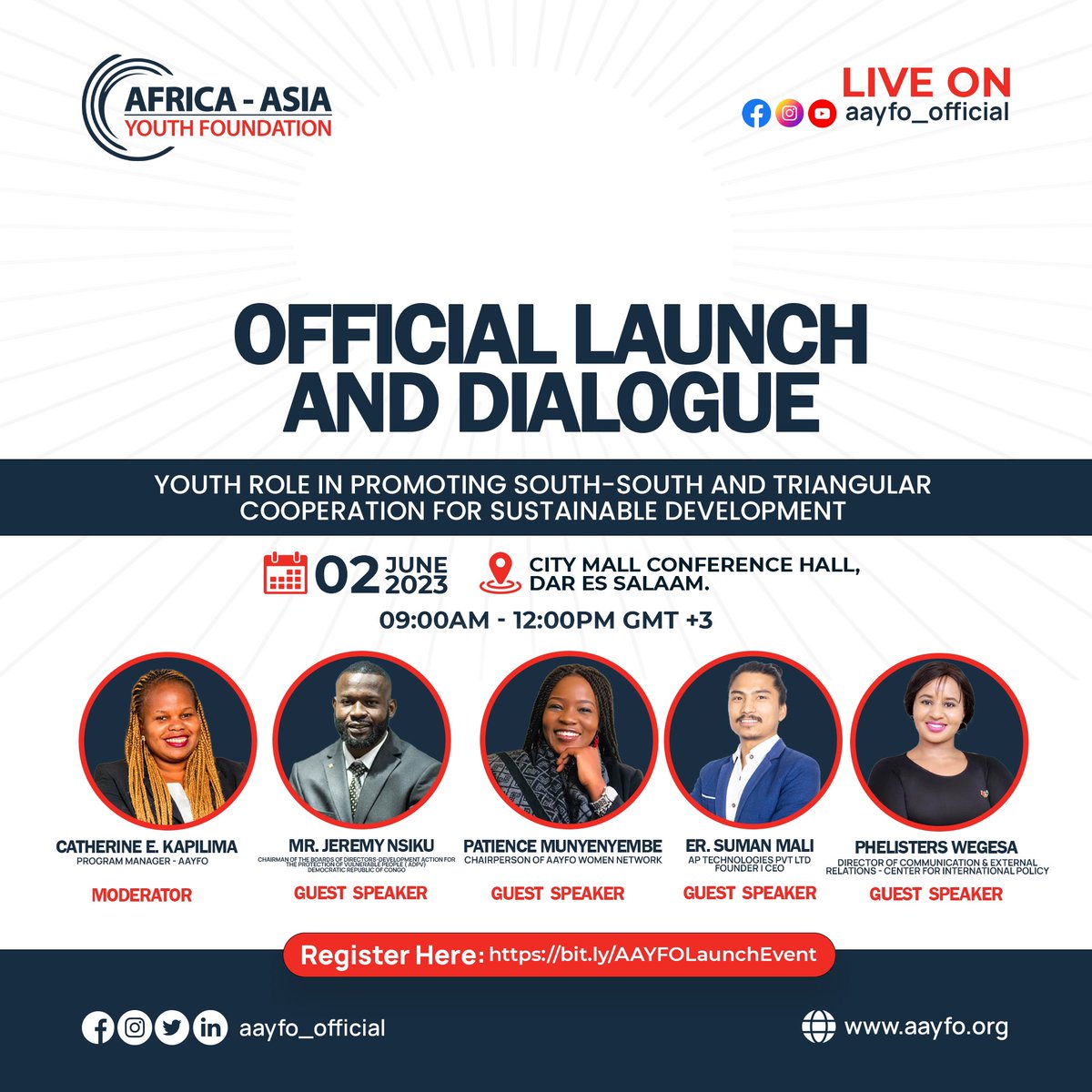 One Day left to the #AAYFOLAUNCH event and Dialogue. 

Meet our speakers Mr. Jeremy Nsiku, @Munyenyembe101 , Mr. Suman Mali and @PWegesa  

Register to attend the event through: : bit.ly/AAYFOLaunchEve…

#AAYFO #SDGs2030 #Tanzania