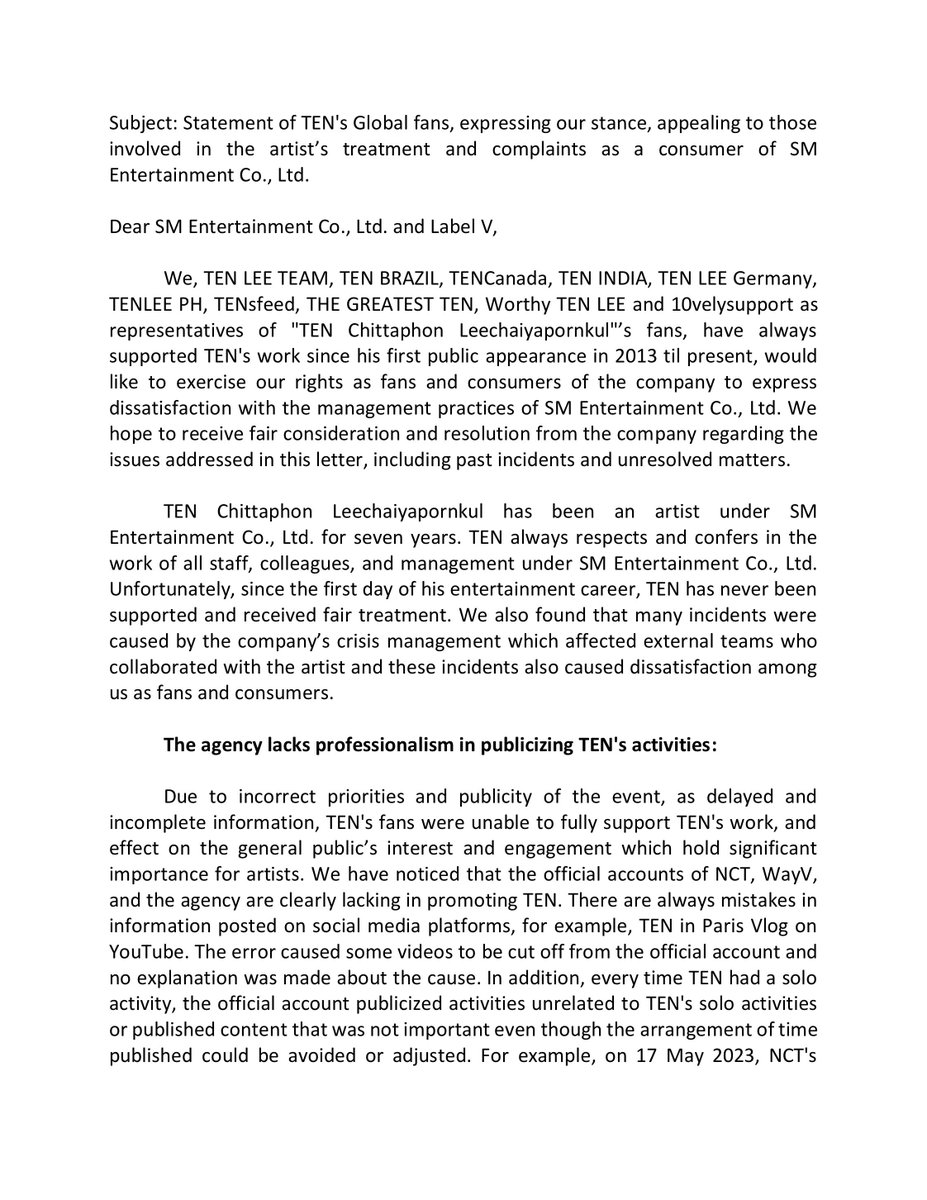 tenlee_team's tweet photo. We, 10 united fanbases of TEN, demand the immediate action regarding the management of our beloved artist. 

We call upon you to rectify this situation and ensure the respect and care he deserves. (1)

🔗ENG   https://t.co/d5kTNwgSby

SM JUSTICE FOR TENLEE
#SMFairTreatForTEN https://t.co/R5383WdiEJ
