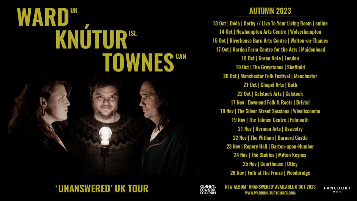 I first met @LucyWardSings and @SvavarKnutur as part of @GblMusicMatch. At a time when no travel was possible, they became my escape. For the next 2 years we wrote online. Our new album 'Unanswered' came out of these sessions. Available Oct 6th w/ an 18-date UK tour to accompany!