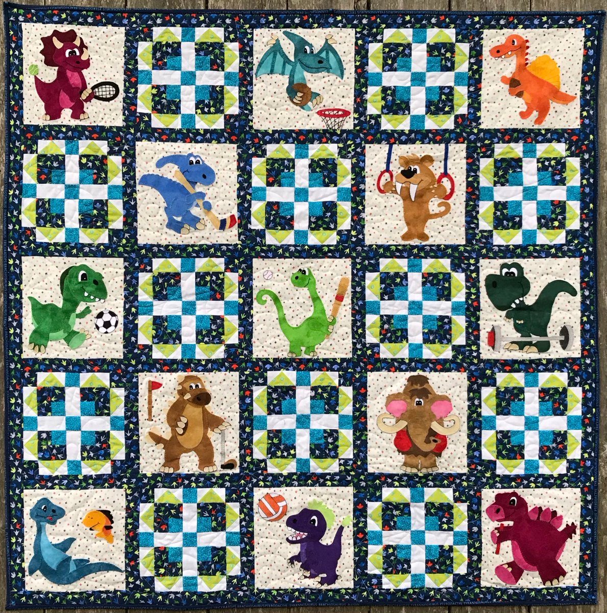 Excited to share this addition to my #etsy shop: Dinosaur sports PDF quilt pattern 'Prehistoric Sports Stars' etsy.me/3OPLICg #babyshower #quilting #pdfquiltpattern #babyquiltpattern #sportsquiltpdf #dinosaurquiltpdf #trexquiltpattern #stegosaurusquilt #b