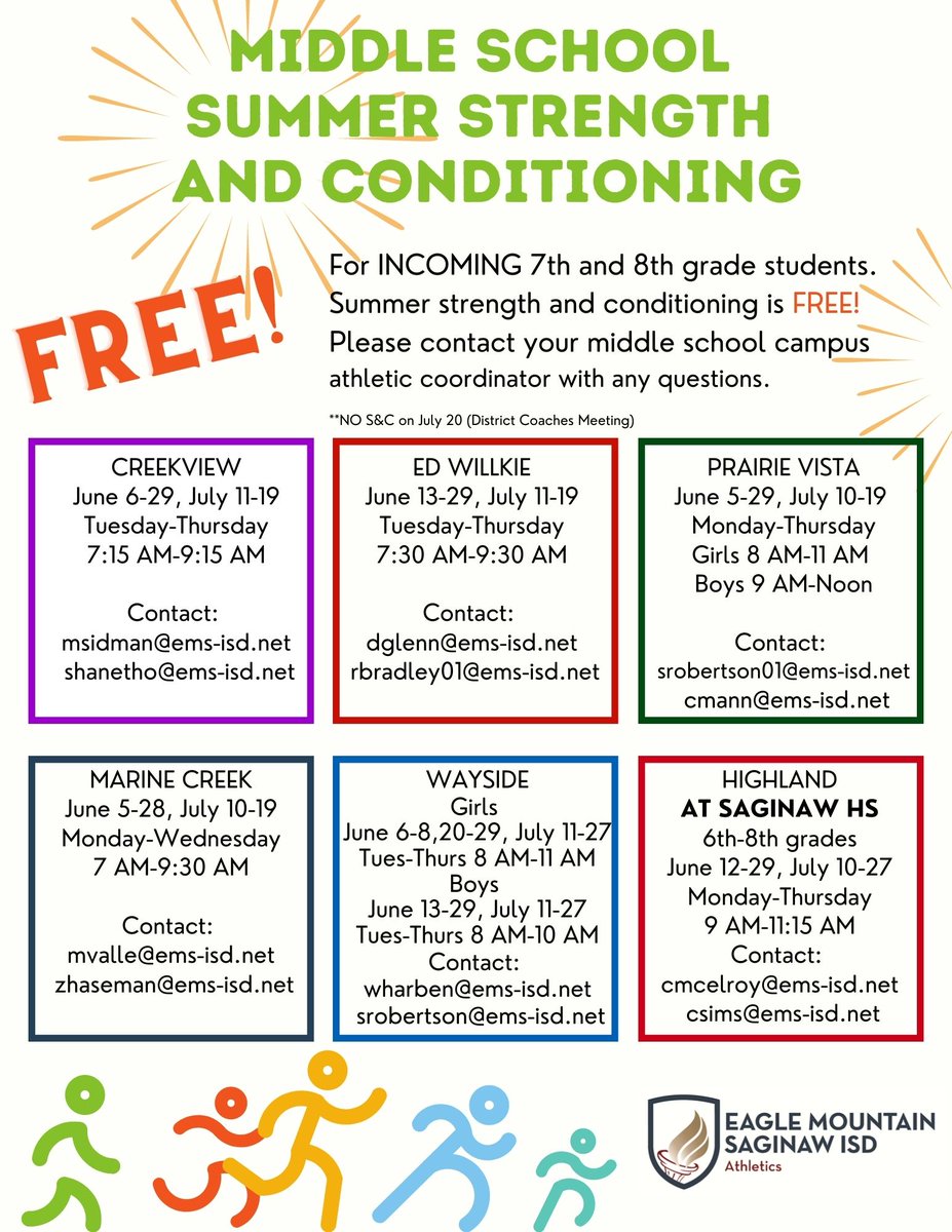 emsisdathletics's tweet image. Check out our middle school summer strength and conditioning details!!! 🏃‍♀️😎🏃‍♂️Several campuses begin next week. #stayfit #freesummerfun