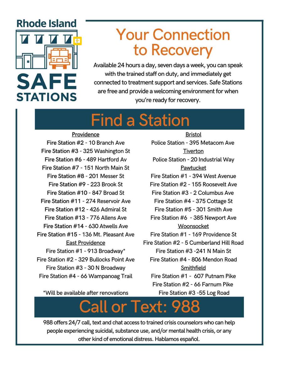 Safe Stations can be your connection to recovery. Available 24/7, you can speak with trained staff on duty and get linked to treatment and recovery support services. Find a Safe Station in a community near you. You can also call/text 988 to get access to a crisis counselor.