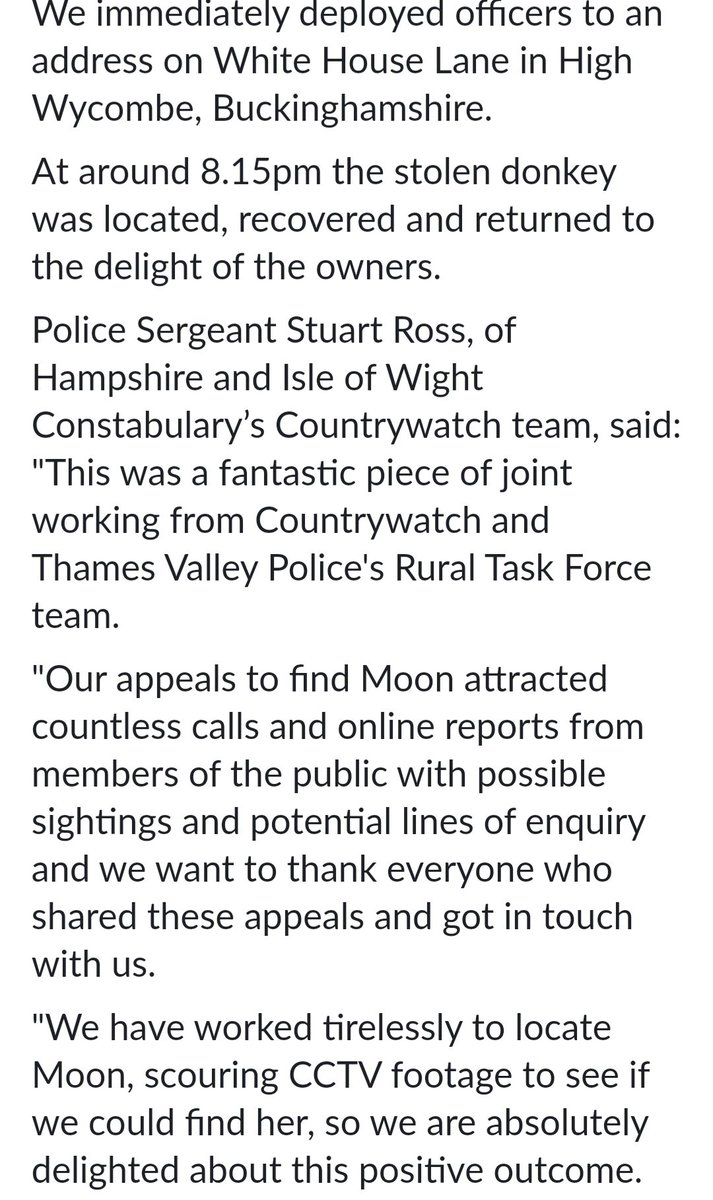 Huge Thanks to whomever sent info to @MillersArk 
PoliceSergeant Stuart Ross of #HampshireIsleofWight 's #CountrywatchTeam said 'This was a fantastic piece of joint working from #Countrywatch & #ThamesValleyPolice #RuralTaskForce team' 
#moonishome 
hampshire.police.uk/news/hampshire 🔽