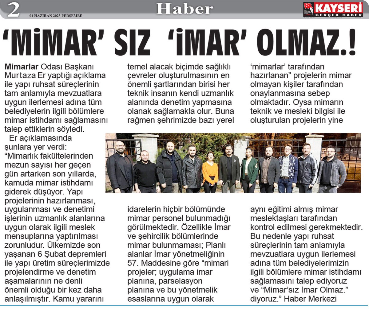 Mimarın teknik ve mesleki bilgisi ile oluşturulan projelerin yine aynı eğitimi almış mimar meslektaşları tarafından kontrol edilmesi gerekmektedir.Yapı ruhsat süreçlerinin mevzuatlara uygun ilerlemesi adına tüm belediyelerimizin ilgili bölümlere mimar istihdamını talep ediyoruz..