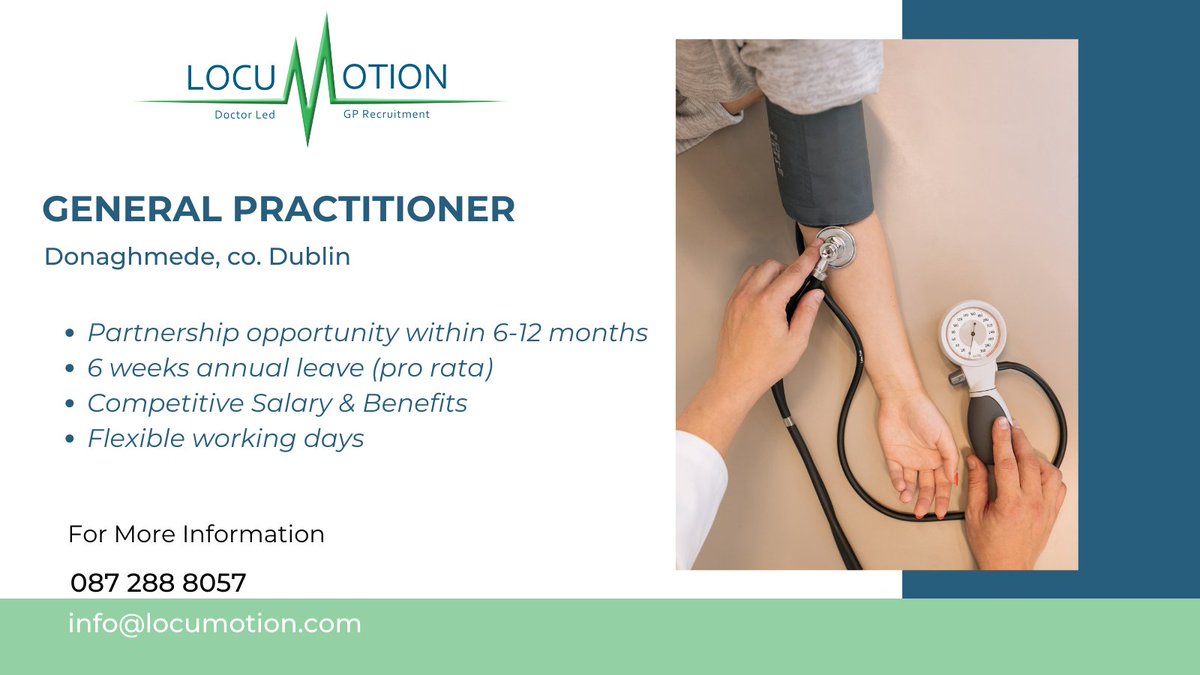 Locumotion's tweet photo. General Practitioner - Donaghmede - Flexible Sessions with a view to partnership. Contact us today: 0872888057 or info@locumotion.com #workinginireland #locum #healthcare #healthservice #locumdoctor #irelandjob #workinginireland #HealthcareJobs #CareerOpportunities https://t.co/Pg7k5dLVHJ