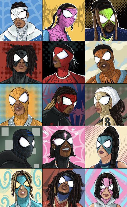 saintdutchess's tweet photo. Brilliant marketing choice to have the artists featured on the Across the Spider verse soundtrack get their own Spider-Man graphic in their likeness. https://t.co/ZWA7VNILIj