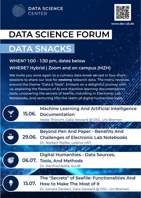 DSC_unibremen's tweet photo. Exciting news: Our #DataSnacks are back for another round!🎉
Get ready for an engaging info event series on '#Data & Tools'!
We will kick off the culinary data journey on June 15th with a session on⬇️
"#MachineLearning And #AI Documentation"
All info➡️https://t.co/ILfIt5soAk https://t.co/136Ze0TXGT