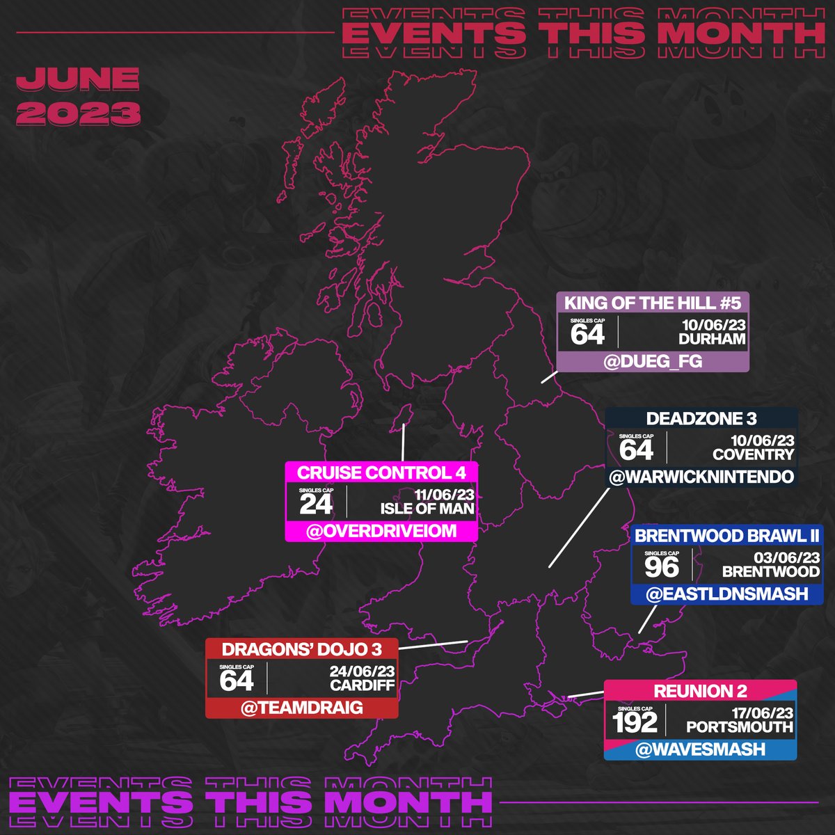 SmashUltimateUK's tweet photo. June is set to be a quieter month, but that doesn't stop Reunion 2 from being our 6th 100+ entrant event in 6 months!

Check out the rest of June's events below 👇 https://t.co/3kcBegy7fn