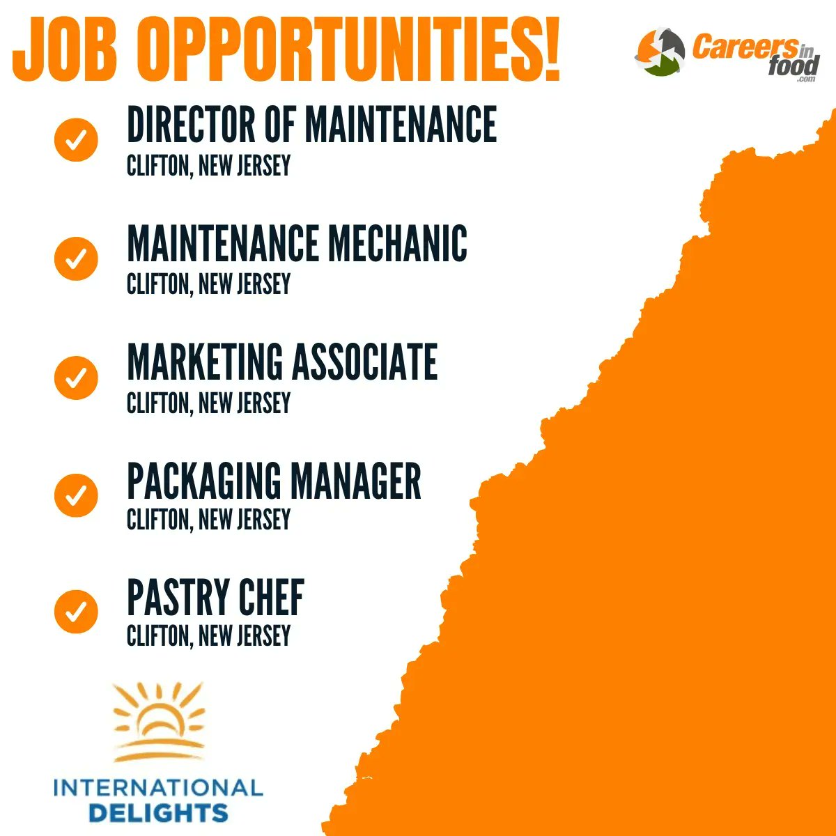 Are you searching for a job in Clifton, New Jersey?

If so, International Delights is hiring a Pastry Chef, Packaging Manager, Marketing Associate, Maintenance Mechanic, & a Director of Maintenance!

Apply now: careersinfood.com/international-…

#ApplyNow #Hiring #NJJobs #JobOpportunities